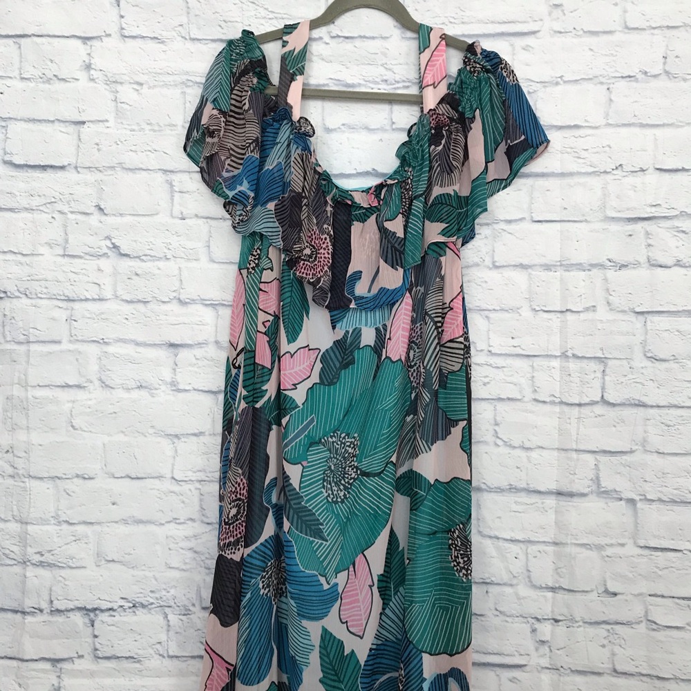 Lane Bryant Green and Pink Flutter Sleeve Maxi Dress